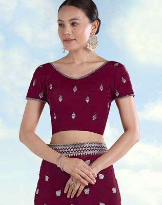 Wine georgette embroidery work saree with unstitched blouse piece 5