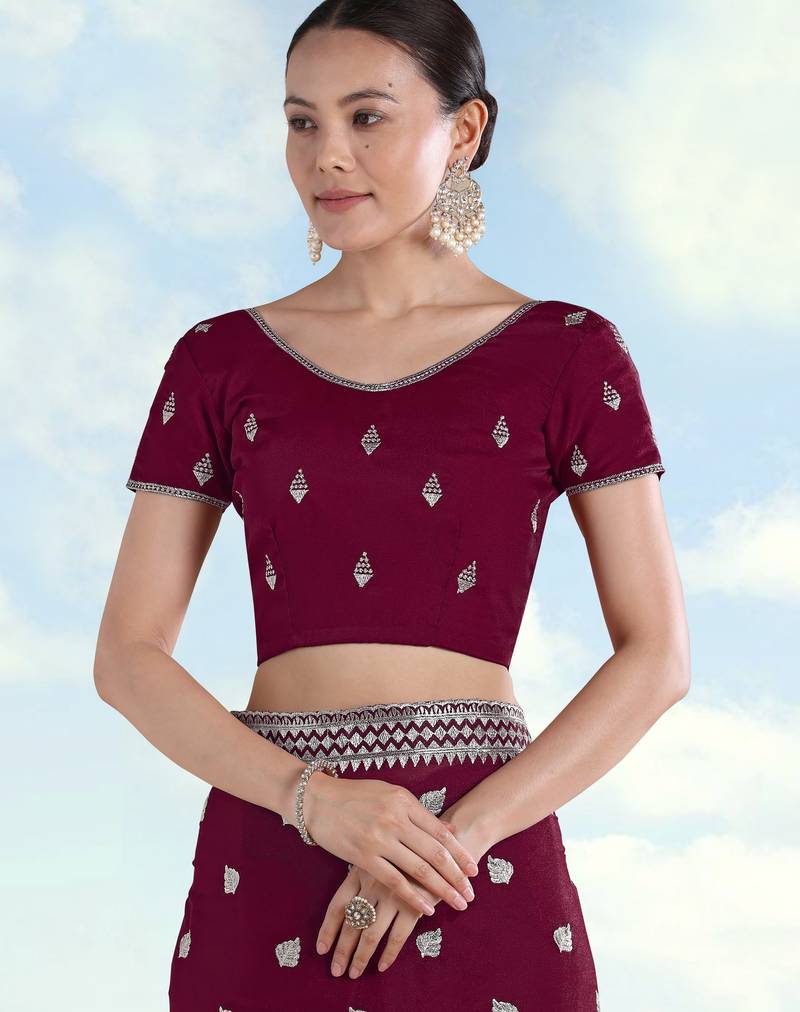 Wine georgette embroidery work saree with unstitched blouse piece
