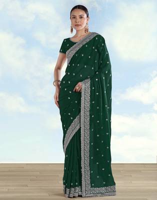 Green georgette embroidery work saree with unstitched blouse piece 1