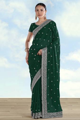 Green georgette embroidery work saree with unstitched blouse piece