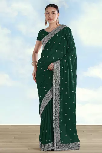 Green georgette embroidery work saree with unstitched blouse piece