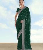 Green georgette embroidery work saree with unstitched blouse piece