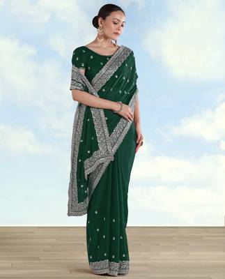 Green georgette embroidery work saree with unstitched blouse piece 2