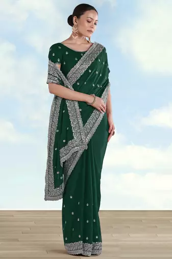 Green georgette embroidery work saree with unstitched blouse piece