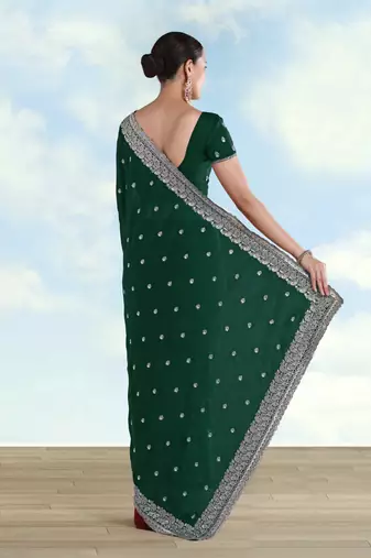 Green georgette embroidery work saree with unstitched blouse piece