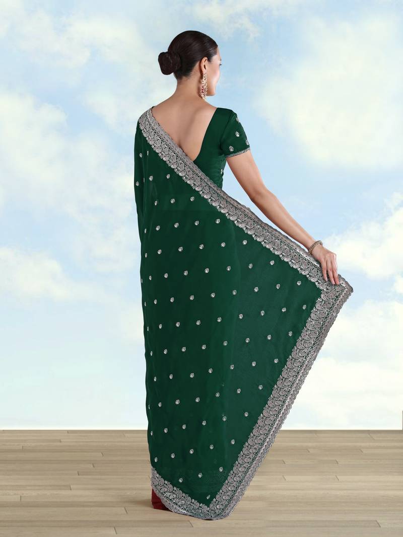 Green georgette embroidery work saree with unstitched blouse piece