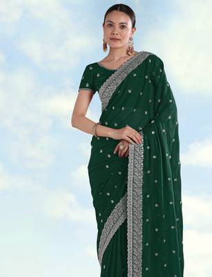 Green georgette embroidery work saree with unstitched blouse piece 4