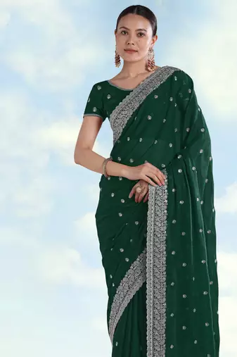 Green georgette embroidery work saree with unstitched blouse piece