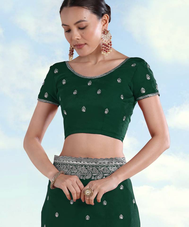 Green georgette embroidery work saree with unstitched blouse piece