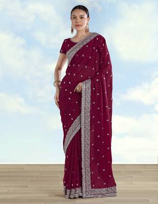 Wine georgette embroidery work saree with unstitched blouse piece 1