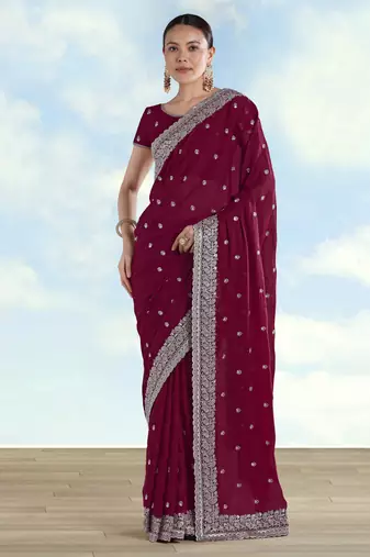 Wine georgette embroidery work saree with unstitched blouse piece