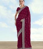 Wine georgette embroidery work saree with unstitched blouse piece