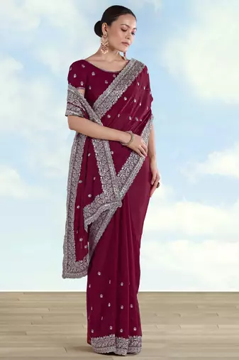 Wine georgette embroidery work saree with unstitched blouse piece
