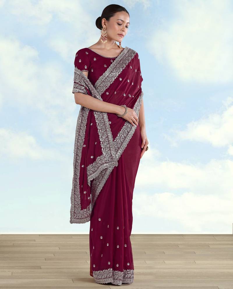 Wine georgette embroidery work saree with unstitched blouse piece