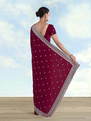 Wine georgette embroidery work saree with unstitched blouse piece 3