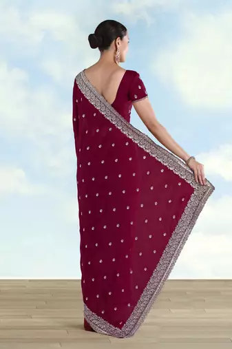 Wine georgette embroidery work saree with unstitched blouse piece