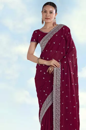 Wine georgette embroidery work saree with unstitched blouse piece