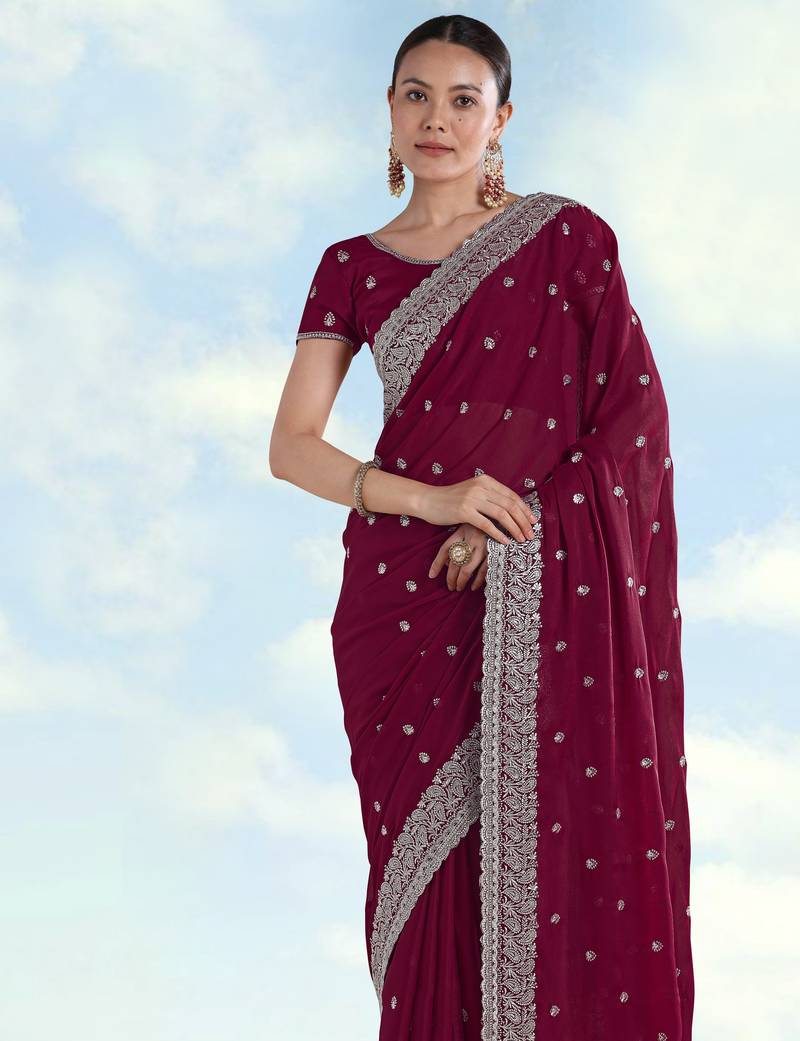 Wine georgette embroidery work saree with unstitched blouse piece