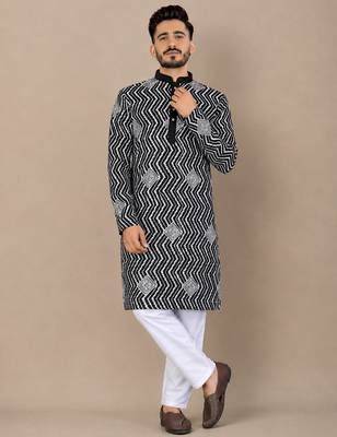 Black color unique cross pattern white thread embroidery with silver sequence silk men's kurta payjama set 1
