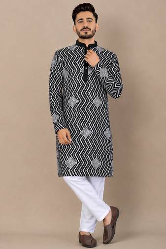 Black color unique cross pattern white thread embroidery with silver sequence silk men's kurta payjama set