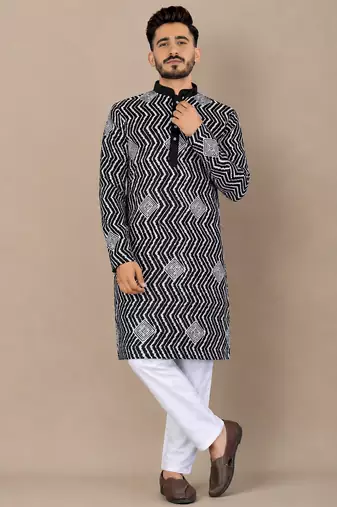 Black color unique cross pattern white thread embroidery with silver sequence silk men's kurta payjama set
