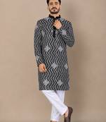 Black color unique cross pattern white thread embroidery with silver sequence silk men's kurta payjama set