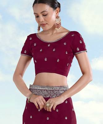 Wine georgette embroidery work saree with unstitched blouse piece 5