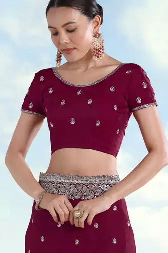 Wine georgette embroidery work saree with unstitched blouse piece