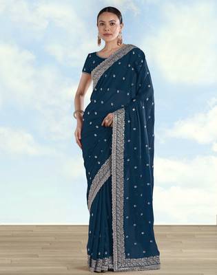 Rama georgette embroidery work saree with unstitched blouse piece 1