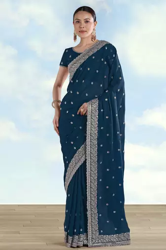 Rama georgette embroidery work saree with unstitched blouse piece
