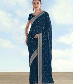Rama georgette embroidery work saree with unstitched blouse piece