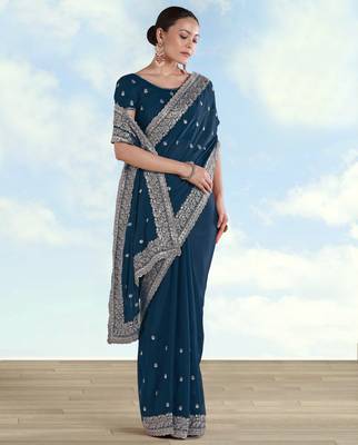 Rama georgette embroidery work saree with unstitched blouse piece 2