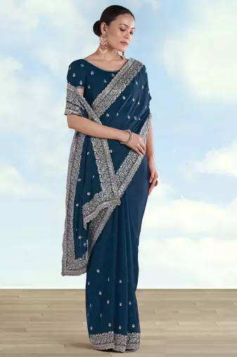 Rama georgette embroidery work saree with unstitched blouse piece