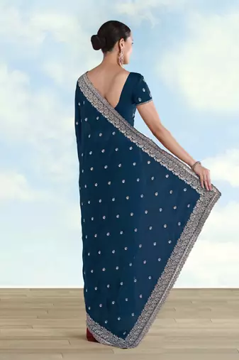 Rama georgette embroidery work saree with unstitched blouse piece