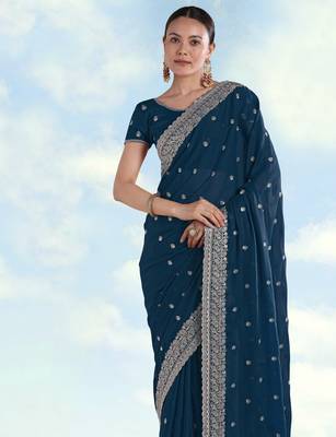 Rama georgette embroidery work saree with unstitched blouse piece 4
