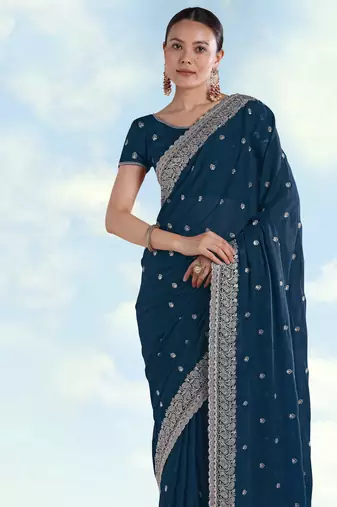 Rama georgette embroidery work saree with unstitched blouse piece