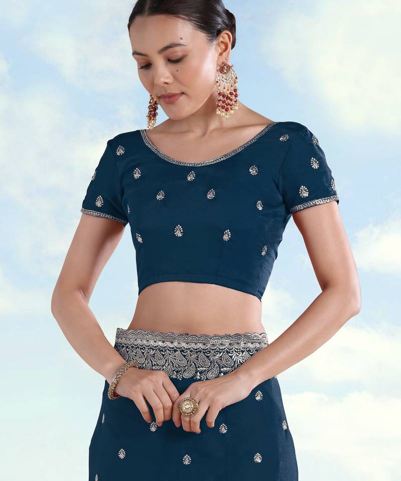 Rama georgette embroidery work saree with unstitched blouse piece