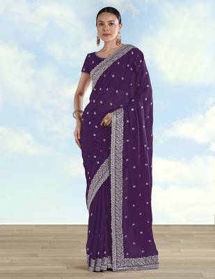 Purple georgette embroidery work saree with unstitched blouse piece 1