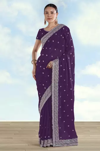 Purple georgette embroidery work saree with unstitched blouse piece