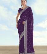 Purple georgette embroidery work saree with unstitched blouse piece