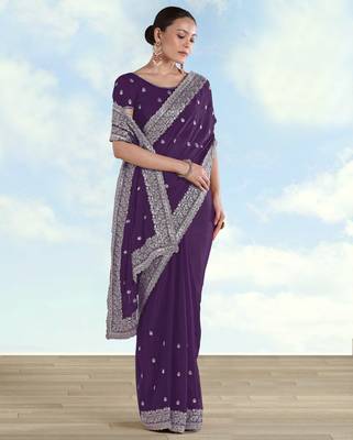 Purple georgette embroidery work saree with unstitched blouse piece 2