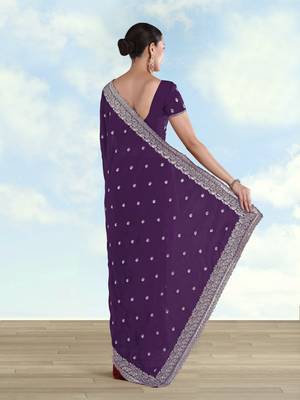 Purple georgette embroidery work saree with unstitched blouse piece 3