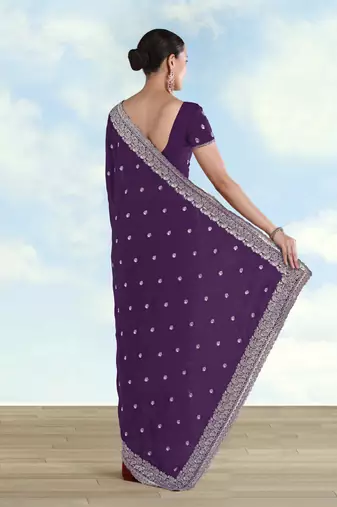 Purple georgette embroidery work saree with unstitched blouse piece