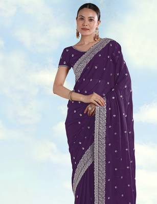 Purple georgette embroidery work saree with unstitched blouse piece 4
