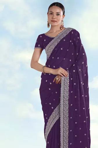 Purple georgette embroidery work saree with unstitched blouse piece