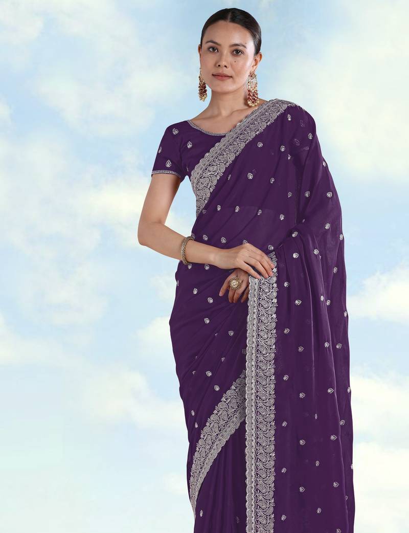 Purple georgette embroidery work saree with unstitched blouse piece