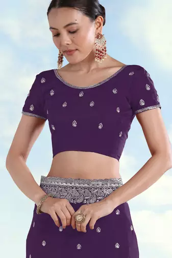 Purple georgette embroidery work saree with unstitched blouse piece