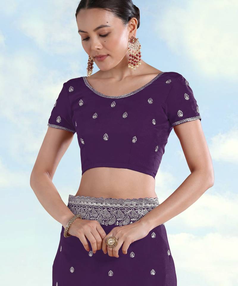 Purple georgette embroidery work saree with unstitched blouse piece
