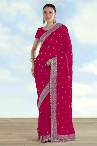 Pink georgette embroidery work saree with unstitched blouse piece