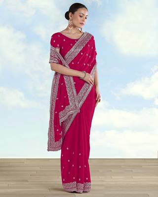 Pink georgette embroidery work saree with unstitched blouse piece 2